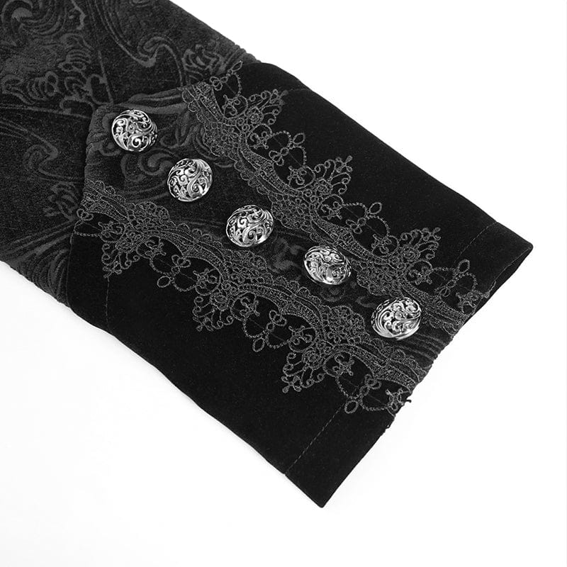 DEVIL FASHION Men's Gothic Floral Printed Diamante Stand Collar Coat Black