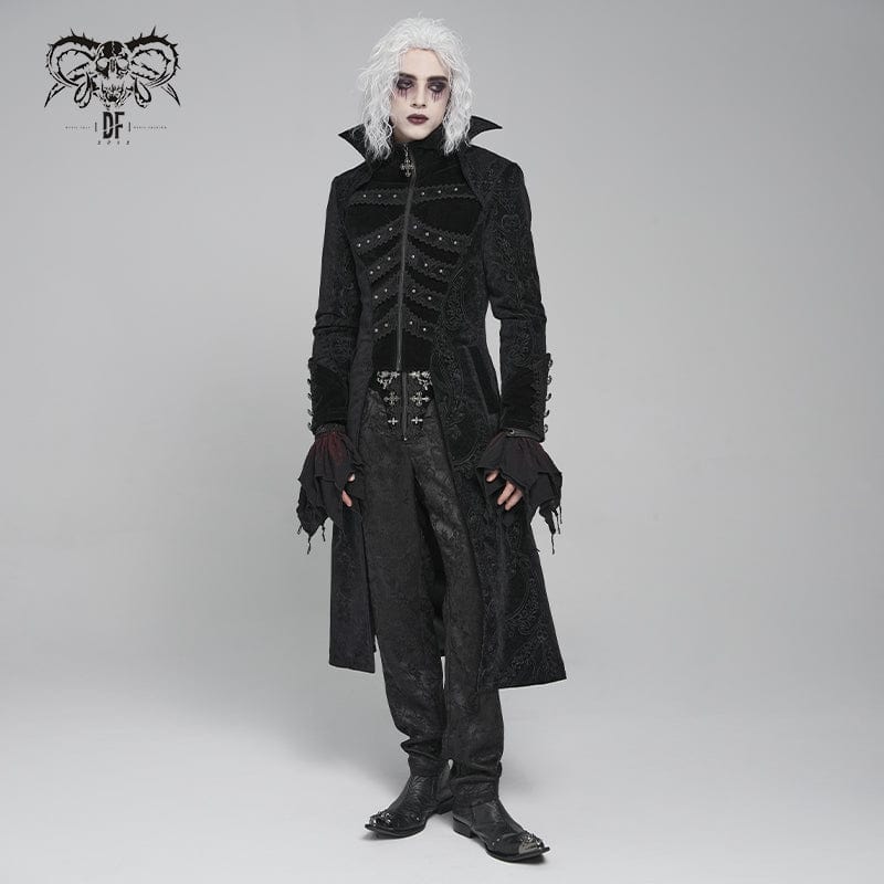 DEVIL FASHION Men's Gothic Floral Printed Diamante Stand Collar Coat Black