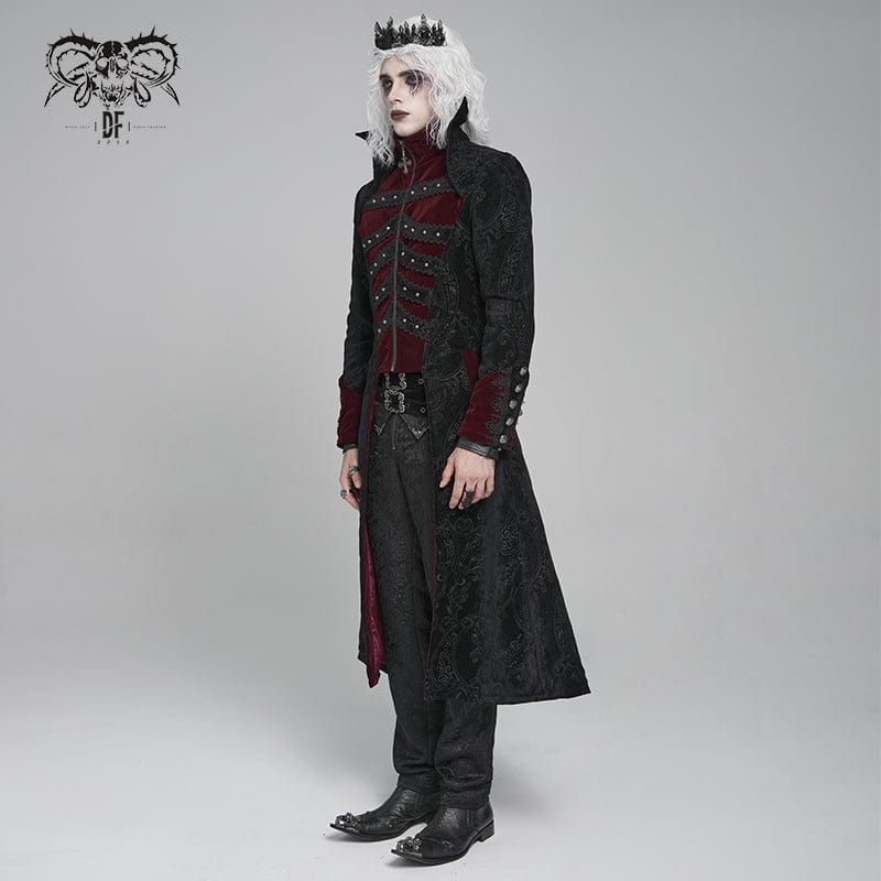 DEVIL FASHION Men's Gothic Floral Printed Diamante Stand Collar Coat Red