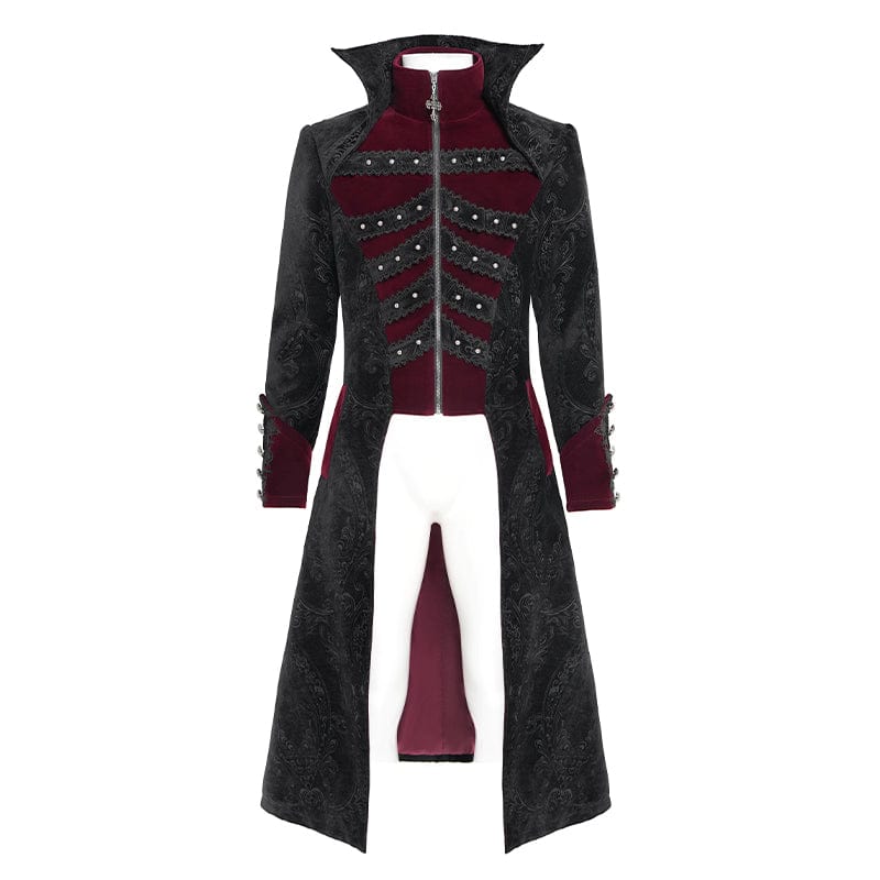 DEVIL FASHION Men's Gothic Floral Printed Diamante Stand Collar Coat Red