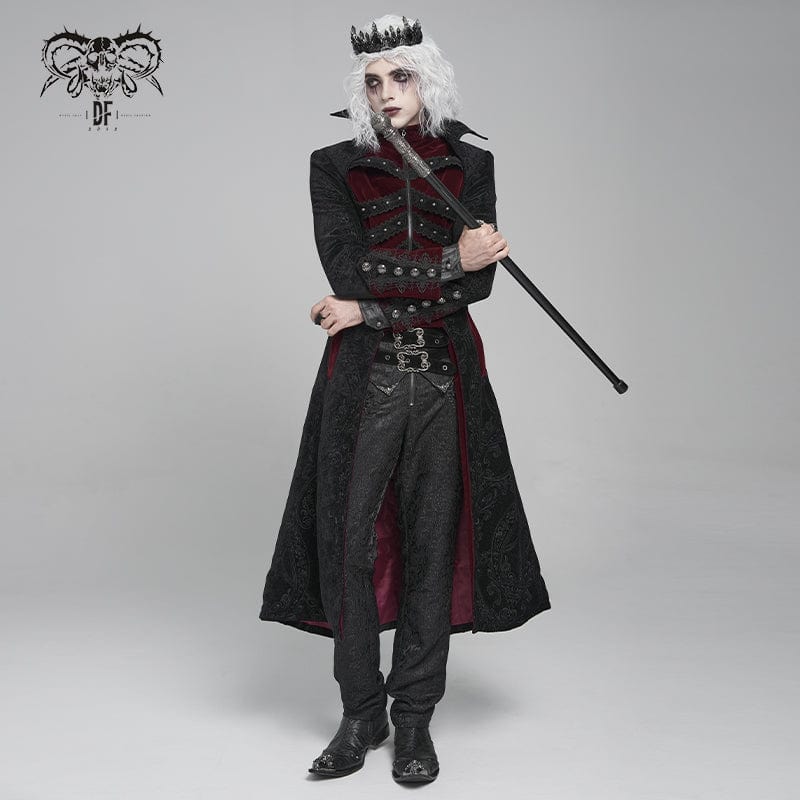 DEVIL FASHION Men's Gothic Floral Printed Diamante Stand Collar Coat Red