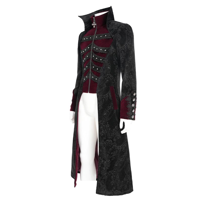 DEVIL FASHION Men's Gothic Floral Printed Diamante Stand Collar Coat Red