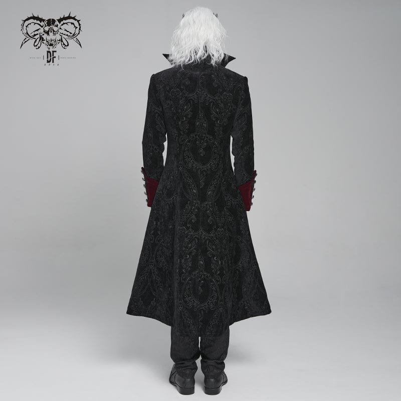 DEVIL FASHION Men's Gothic Floral Printed Diamante Stand Collar Coat Red