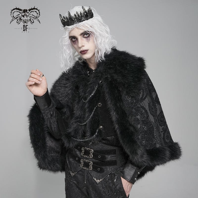 DEVIL FASHION Men's Gothic Floral Printed Faux Fur Splice Cape