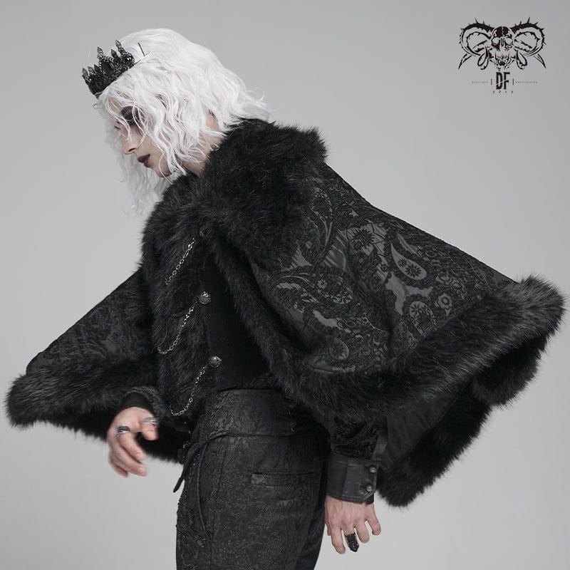 DEVIL FASHION Men's Gothic Floral Printed Faux Fur Splice Cape