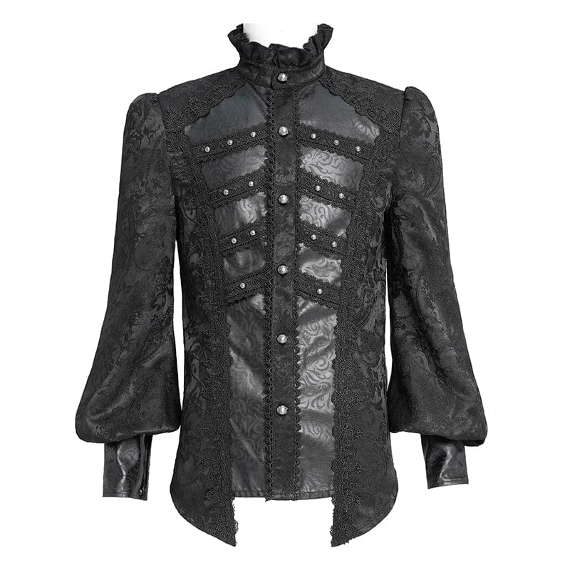 DEVIL FASHION Men's Gothic Floral Printed Stand Collar Lantern Sleeved Shirt Black