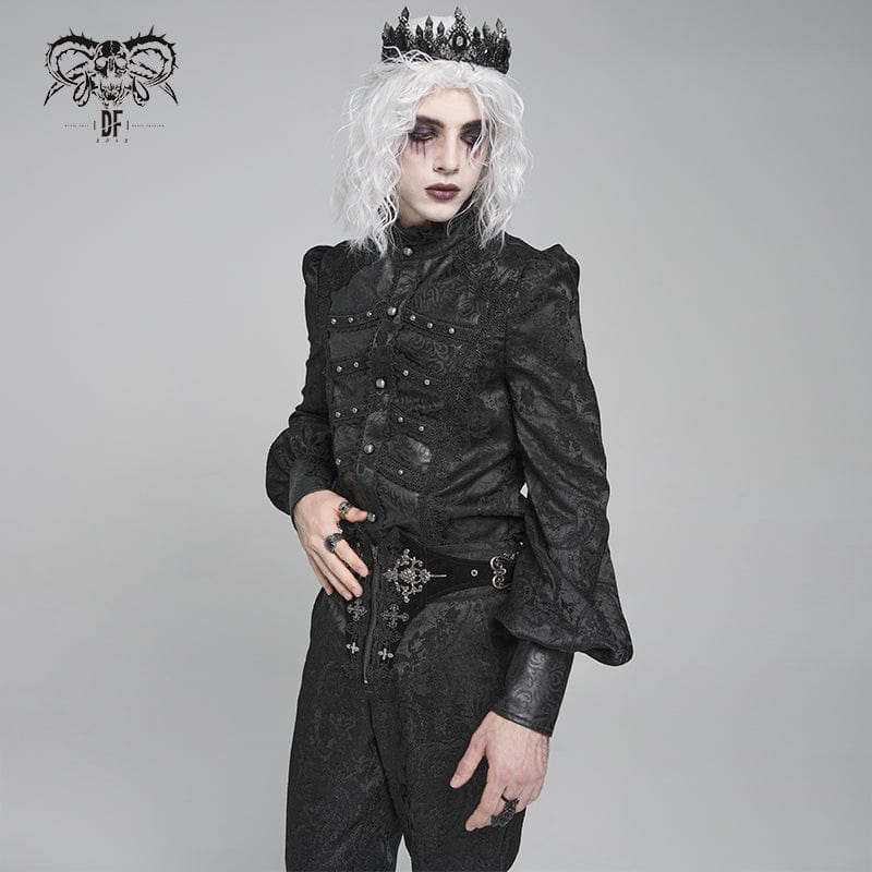 DEVIL FASHION Men's Gothic Floral Printed Stand Collar Lantern Sleeved Shirt Black