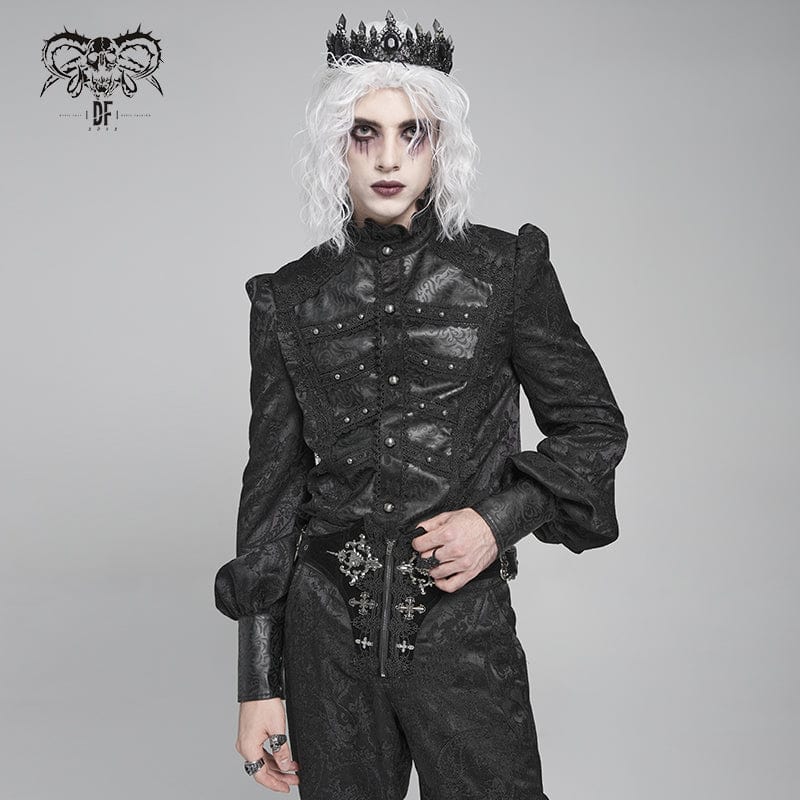 DEVIL FASHION Men's Gothic Floral Printed Stand Collar Lantern Sleeved Shirt Black