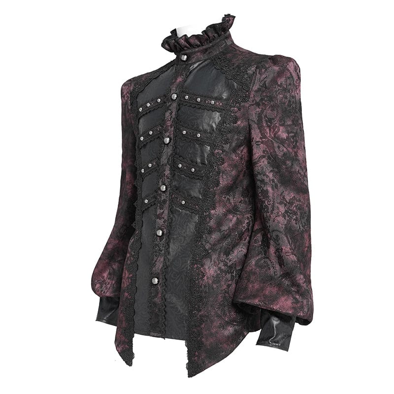 DEVIL FASHION Men's Gothic Floral Printed Stand Collar Lantern Sleeved Shirt Black-Red