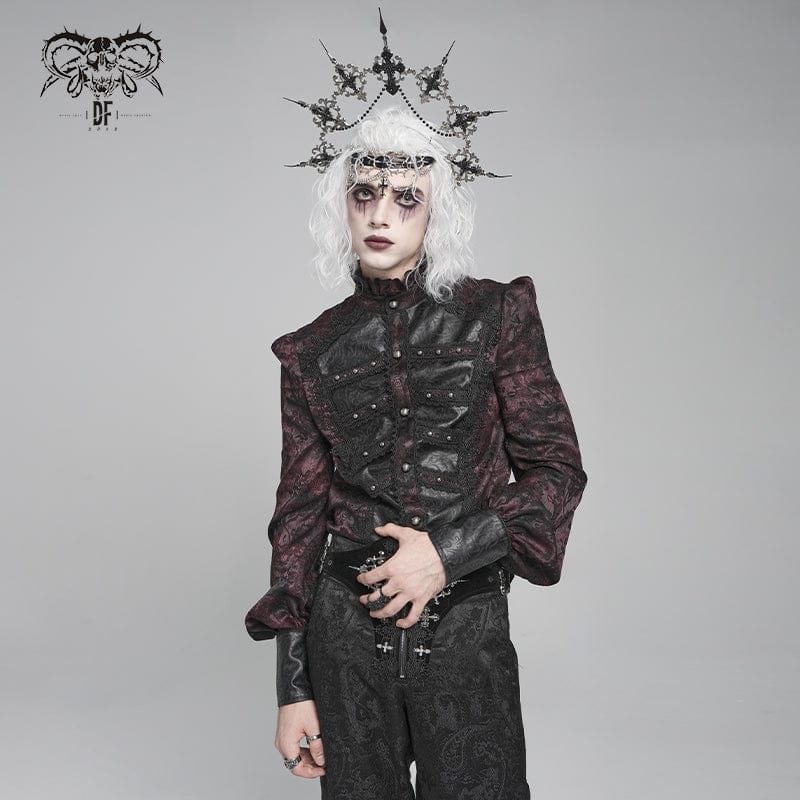 DEVIL FASHION Men's Gothic Floral Printed Stand Collar Lantern Sleeved Shirt Black-Red