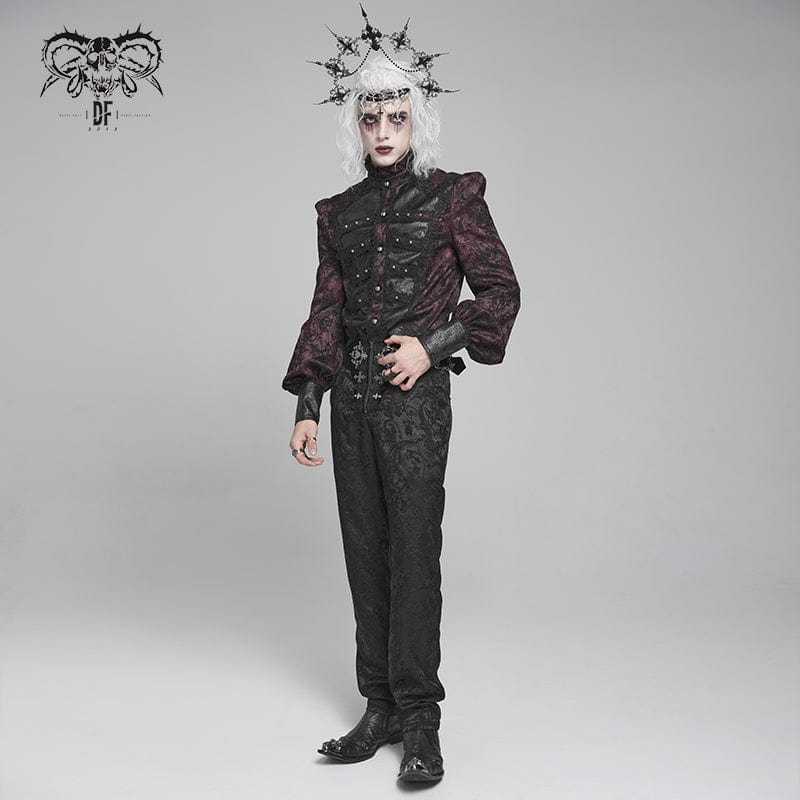 DEVIL FASHION Men's Gothic Floral Printed Stand Collar Lantern Sleeved Shirt Black-Red