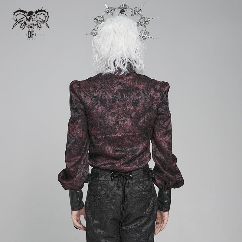 DEVIL FASHION Men's Gothic Floral Printed Stand Collar Lantern Sleeved Shirt Black-Red