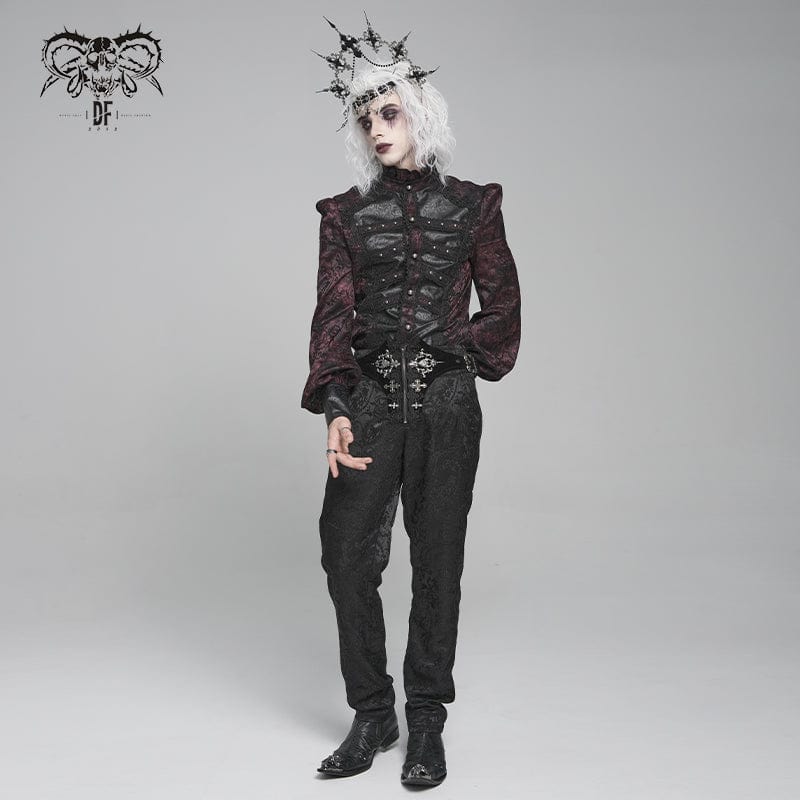 DEVIL FASHION Men's Gothic Floral Printed Stand Collar Lantern Sleeved Shirt Black-Red