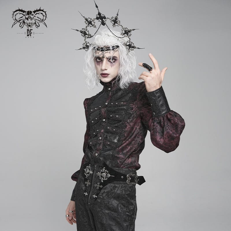 DEVIL FASHION Men's Gothic Floral Printed Stand Collar Lantern Sleeved Shirt Black-Red