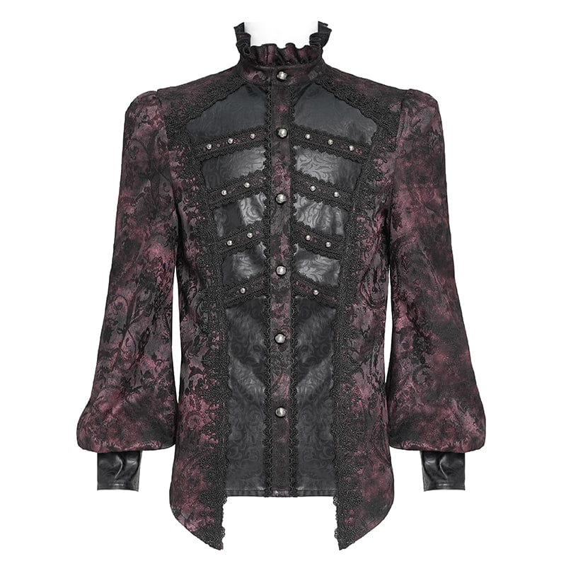DEVIL FASHION Men's Gothic Floral Printed Stand Collar Lantern Sleeved Shirt Black-Red