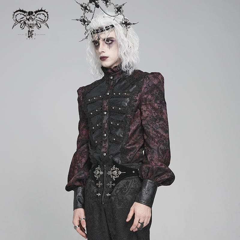 DEVIL FASHION Men's Gothic Floral Printed Stand Collar Lantern Sleeved Shirt Black-Red