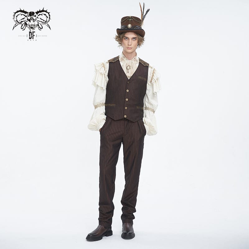 DEVIL FASHION Men's Gothic High-waisted Lace-up Striped Coffee Pants