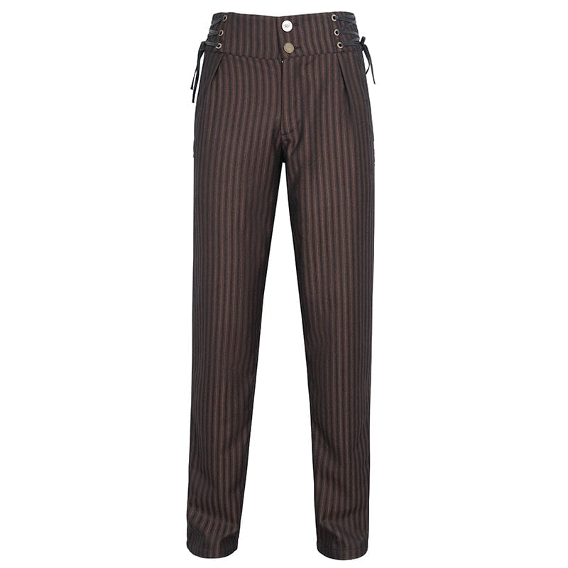 DEVIL FASHION Men's Gothic High-waisted Lace-up Striped Coffee Pants