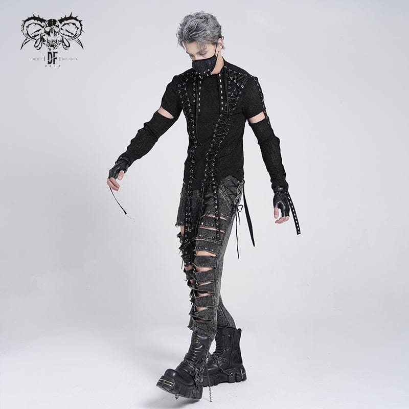 DEVIL FASHION Men's Gothic Irregular Eyelet Strap Lace-up T-shirt