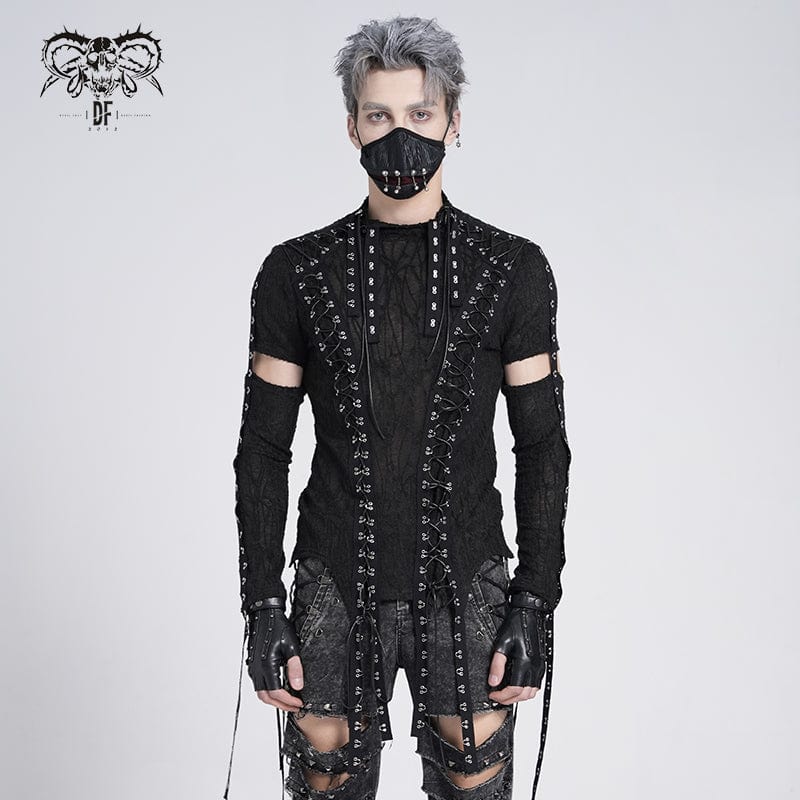 DEVIL FASHION Men's Gothic Irregular Eyelet Strap Lace-up T-shirt