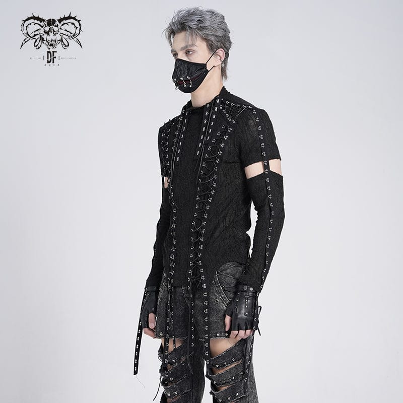 DEVIL FASHION Men's Gothic Irregular Eyelet Strap Lace-up T-shirt