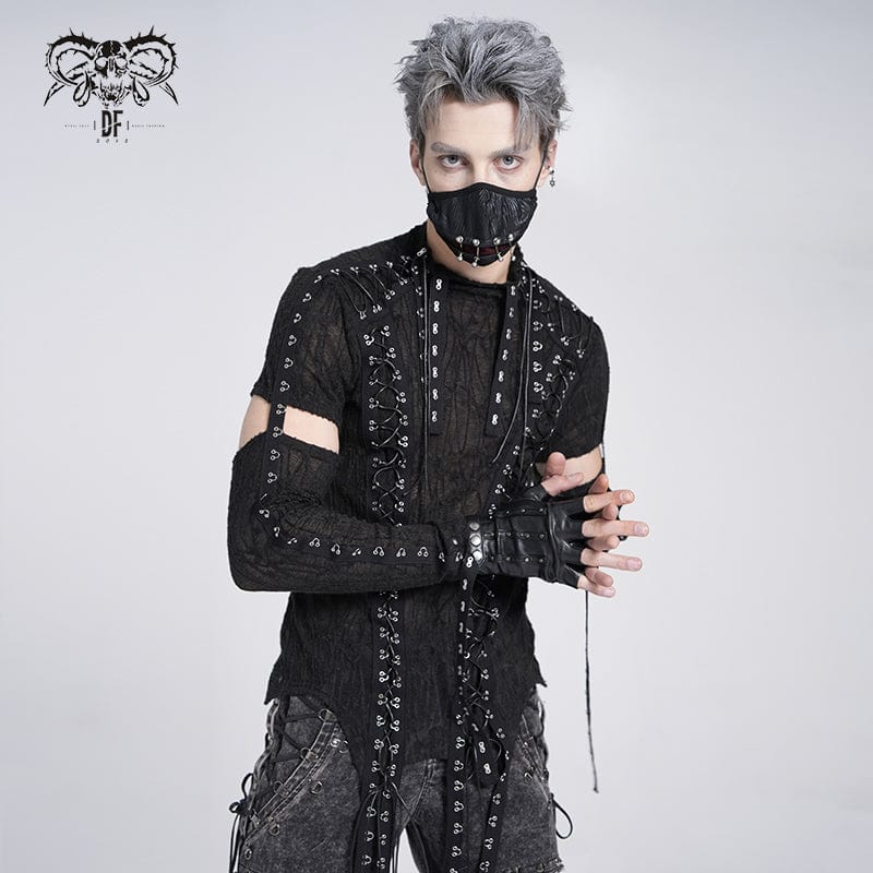 DEVIL FASHION Men's Gothic Irregular Eyelet Strap Lace-up T-shirt