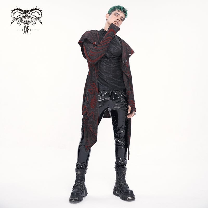 DEVIL FASHION Men's Gothic Irregular Multi-chain Coat with Hood Red