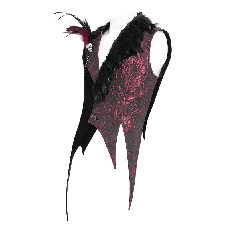 DEVIL FASHION Men's Gothic Irregular Rose Printed Contrast Color Waistcoat with Detachable Feather Accessory
