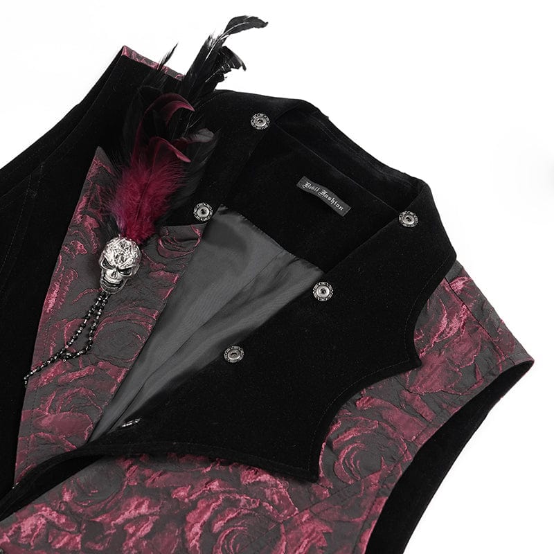 DEVIL FASHION Men's Gothic Irregular Rose Printed Contrast Color Waistcoat with Detachable Feather Accessory