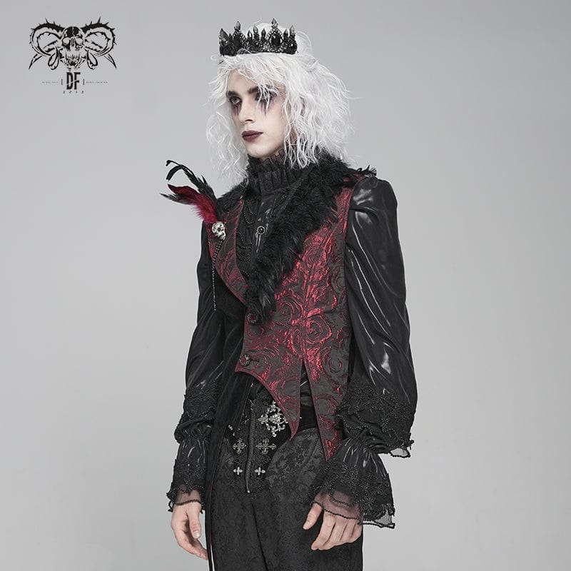 DEVIL FASHION Men's Gothic Irregular Rose Printed Contrast Color Waistcoat with Detachable Feather Accessory