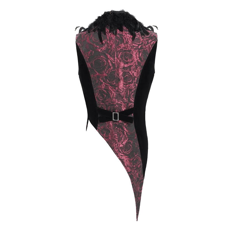 DEVIL FASHION Men's Gothic Irregular Rose Printed Contrast Color Waistcoat with Detachable Feather Accessory