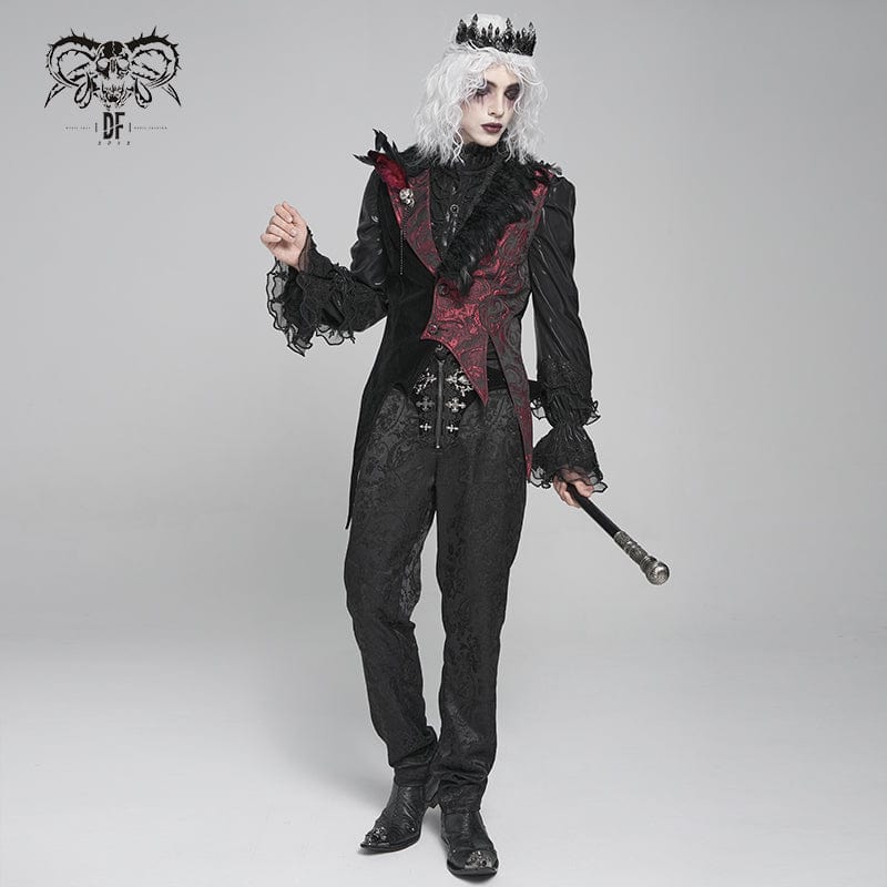 DEVIL FASHION Men's Gothic Irregular Rose Printed Contrast Color Waistcoat with Detachable Feather Accessory