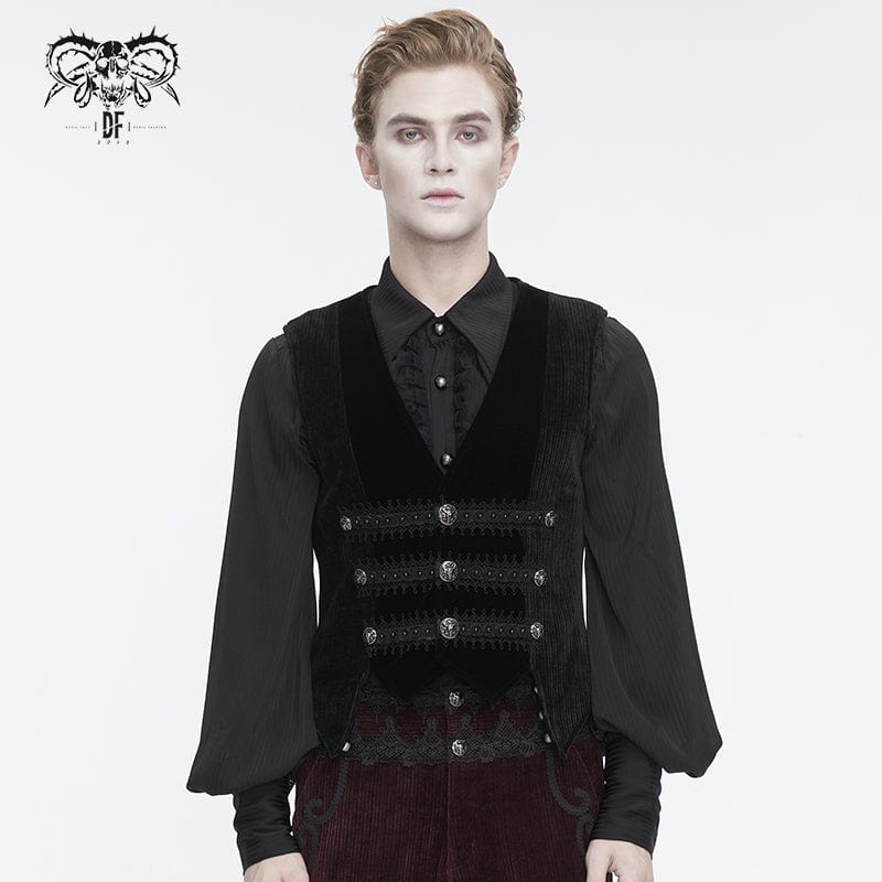 DEVIL FASHION Men's Gothic Irregular Velvet Splice Corduroy Waistcoat Black