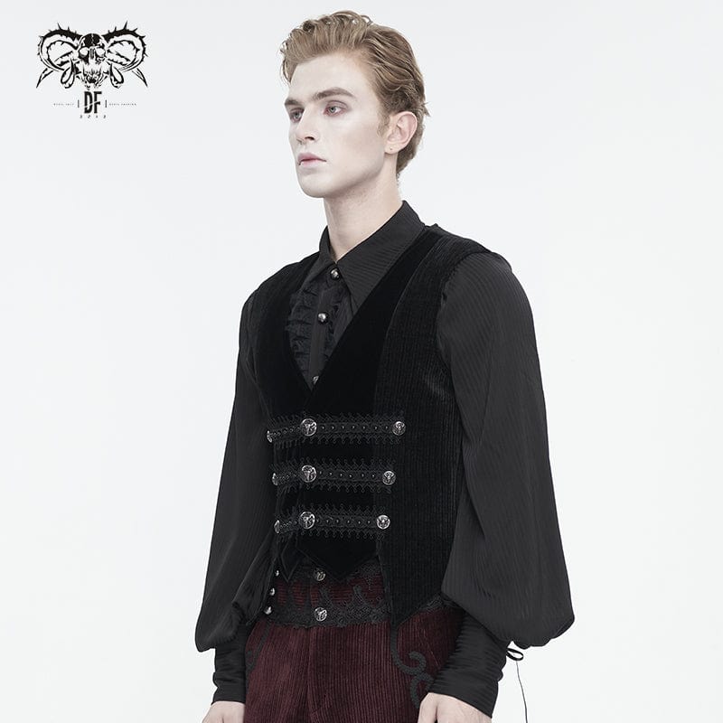 DEVIL FASHION Men's Gothic Irregular Velvet Splice Corduroy Waistcoat Black