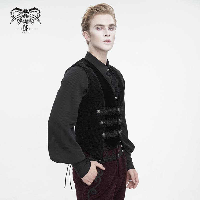 DEVIL FASHION Men's Gothic Irregular Velvet Splice Corduroy Waistcoat Black