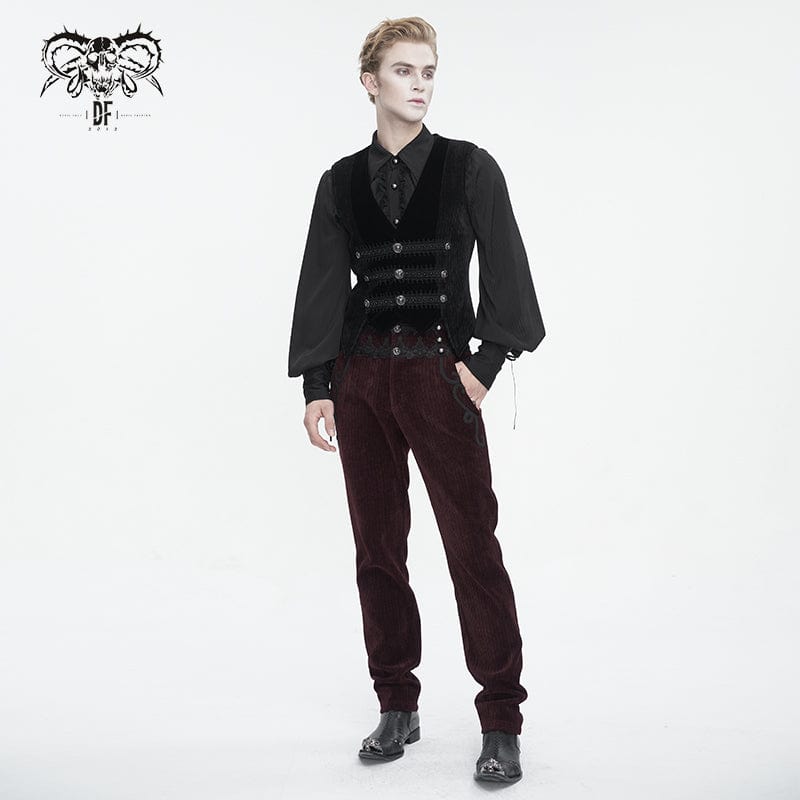 DEVIL FASHION Men's Gothic Irregular Velvet Splice Corduroy Waistcoat Black