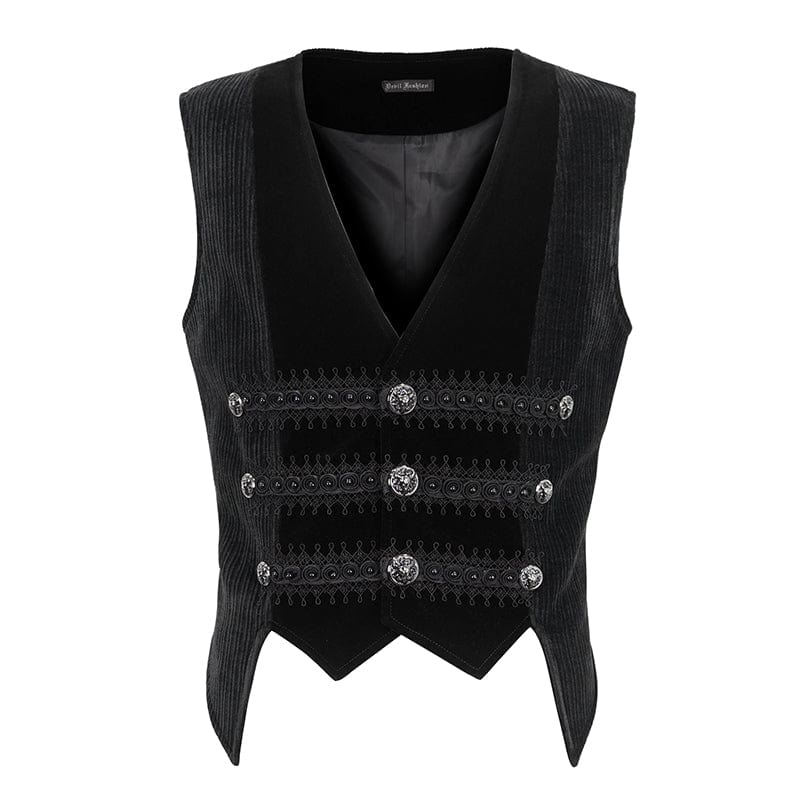 DEVIL FASHION Men's Gothic Irregular Velvet Splice Corduroy Waistcoat Black