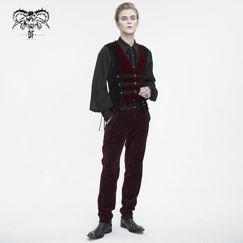 DEVIL FASHION Men's Gothic Irregular Velvet Splice Corduroy Waistcoat Red