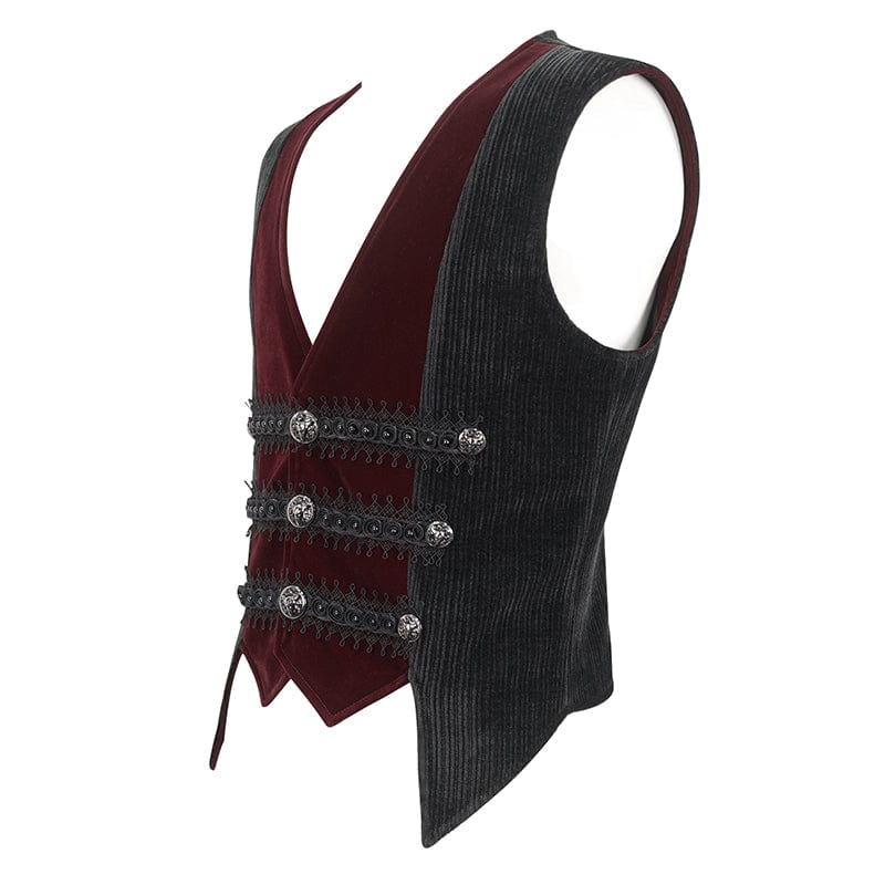 DEVIL FASHION Men's Gothic Irregular Velvet Splice Corduroy Waistcoat Red