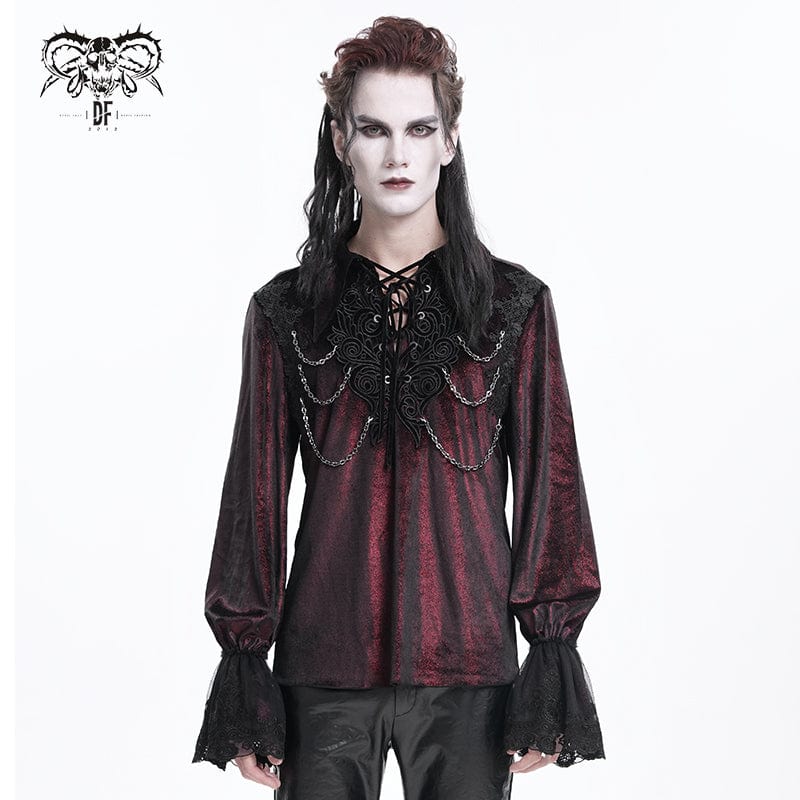 DEVIL FASHION Men's Gothic Lace-up Chain Lace Shirt Wine Red