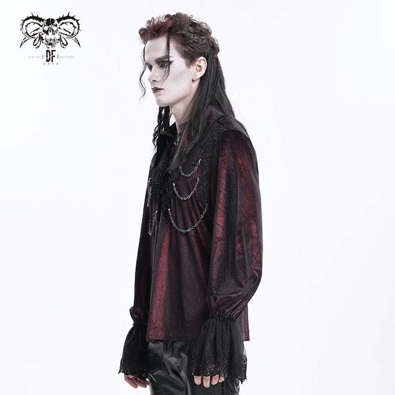 DEVIL FASHION Men's Gothic Lace-up Chain Lace Shirt Wine Red