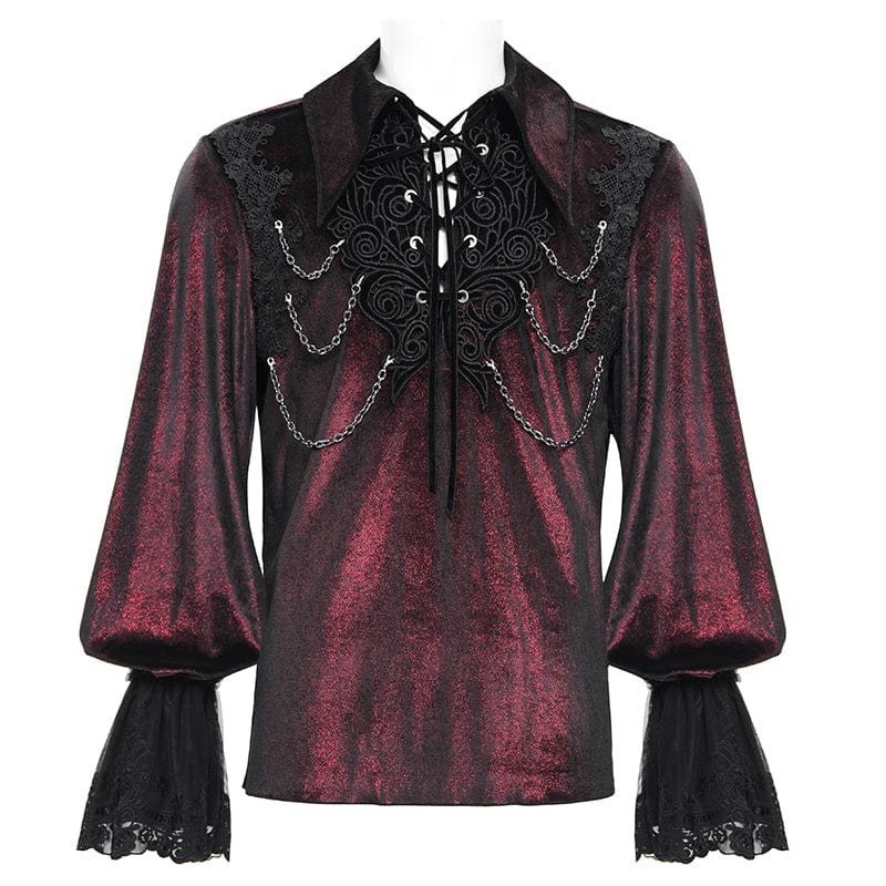 DEVIL FASHION Men's Gothic Lace-up Chain Lace Shirt Wine Red