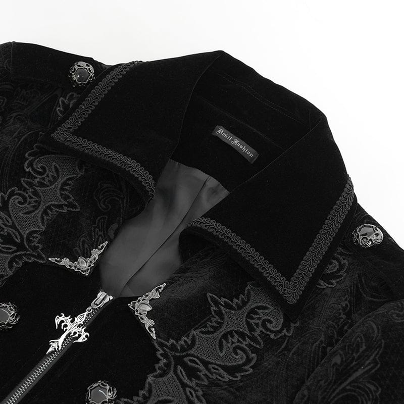 DEVIL FASHION Men's Gothic Lapel Collar Embroidered Velvet Coat Black
