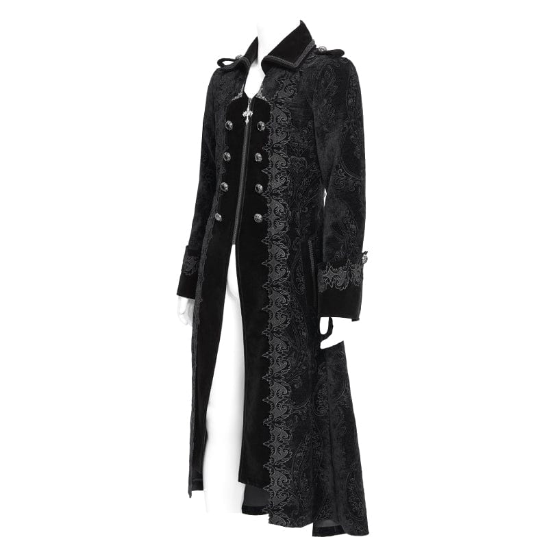 DEVIL FASHION Men's Gothic Lapel Collar Embroidered Velvet Coat Black
