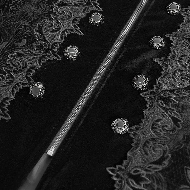 DEVIL FASHION Men's Gothic Lapel Collar Embroidered Velvet Coat Black