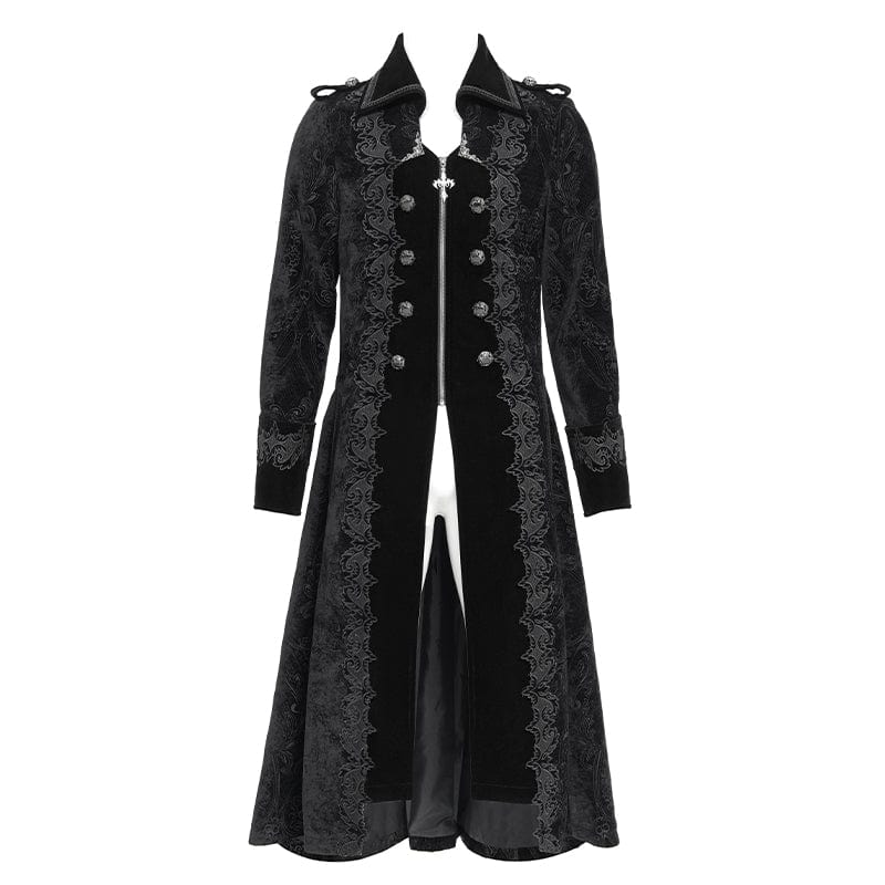 DEVIL FASHION Men's Gothic Lapel Collar Embroidered Velvet Coat Black