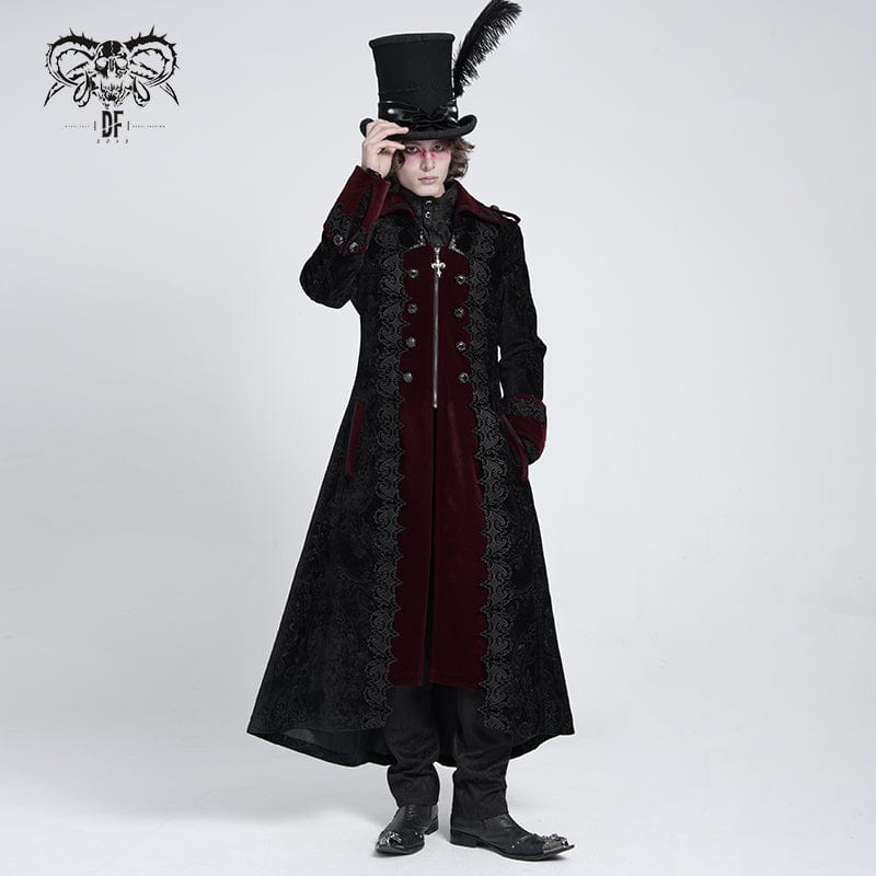 DEVIL FASHION Men's Gothic Lapel Collar Embroidered Velvet Coat Red