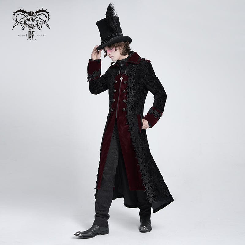 DEVIL FASHION Men's Gothic Lapel Collar Embroidered Velvet Coat Red