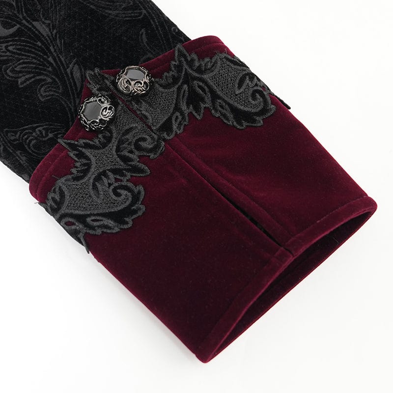 DEVIL FASHION Men's Gothic Lapel Collar Embroidered Velvet Coat Red
