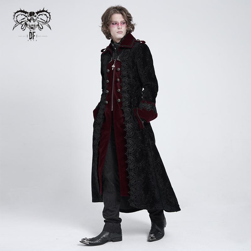 DEVIL FASHION Men's Gothic Lapel Collar Embroidered Velvet Coat Red